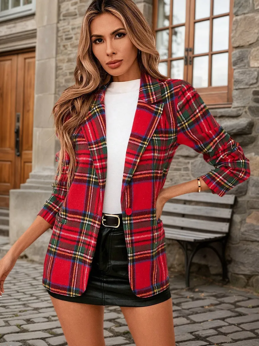 Blazer à carreaux pour femme col à revers manches longues ouvert sur le devant veste à carreaux décontractée avec poches