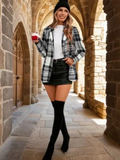 Blazer à carreaux pour femme col à revers manches longues ouvert sur le devant veste à carreaux décontractée avec poches