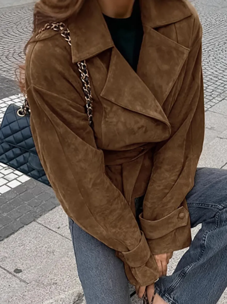 Blazer court en daim marron pour femme - Veste rétro à revers et ceinture à la taille coupe classique - Idées de tenues printanières vintage pour 2026