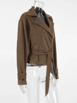 Blazer court en daim marron pour femme - Veste rétro à revers et ceinture à la taille coupe classique - Idées de tenues printanières vintage pour 2026