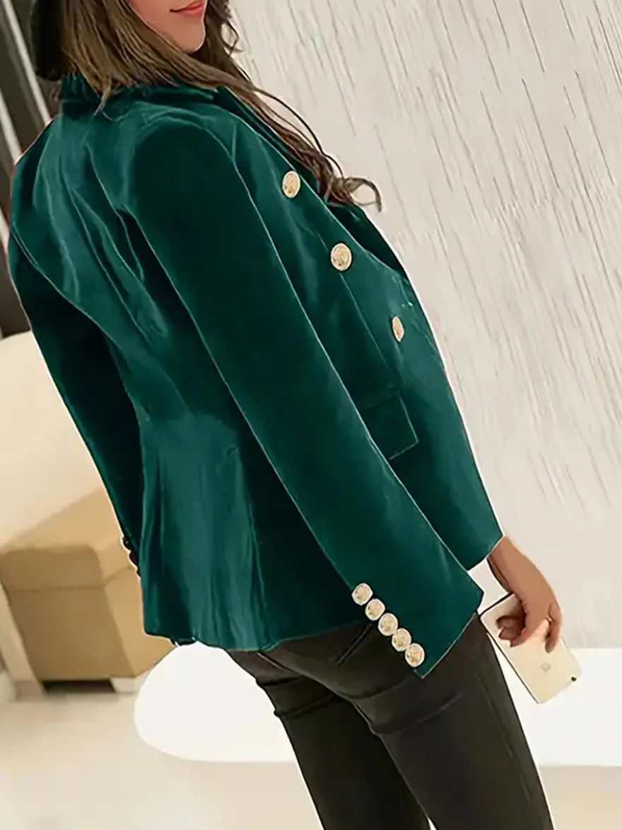 Blazer croisé en velours à revers et boutons dorés coupe cintrée élégante manches longues pour femme