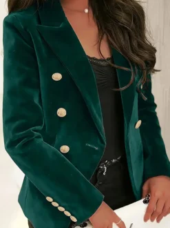 Blazer croisé en velours à revers et boutons dorés coupe cintrée élégante manches longues pour femme