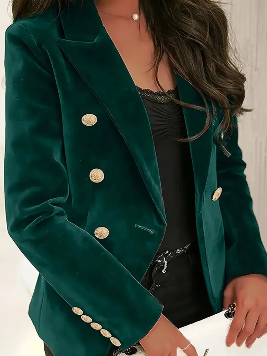 Blazer croisé en velours à revers et boutons dorés coupe cintrée élégante manches longues pour femme