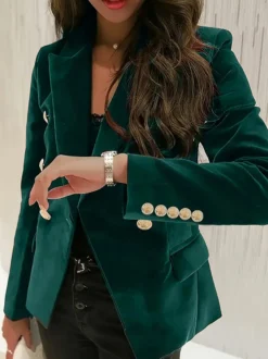 Blazer croisé en velours à revers et boutons dorés coupe cintrée élégante manches longues pour femme