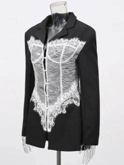 Blazer en dentelle corset sexy pour femme - Veste bustier cintrée contrastée noire et blanche - Idéale pour une soirée printanière 2026