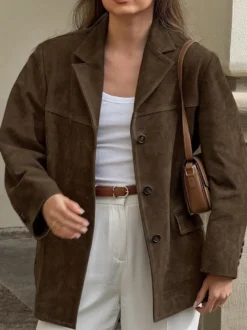 Blazer Femme Moderne En Daim Col Rabattu Manches Longues