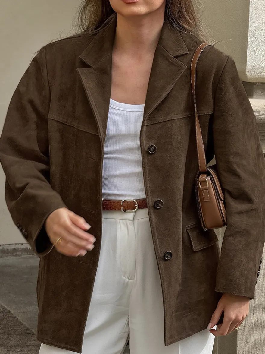 Blazer Femme Moderne En Daim Col Rabattu Manches Longues