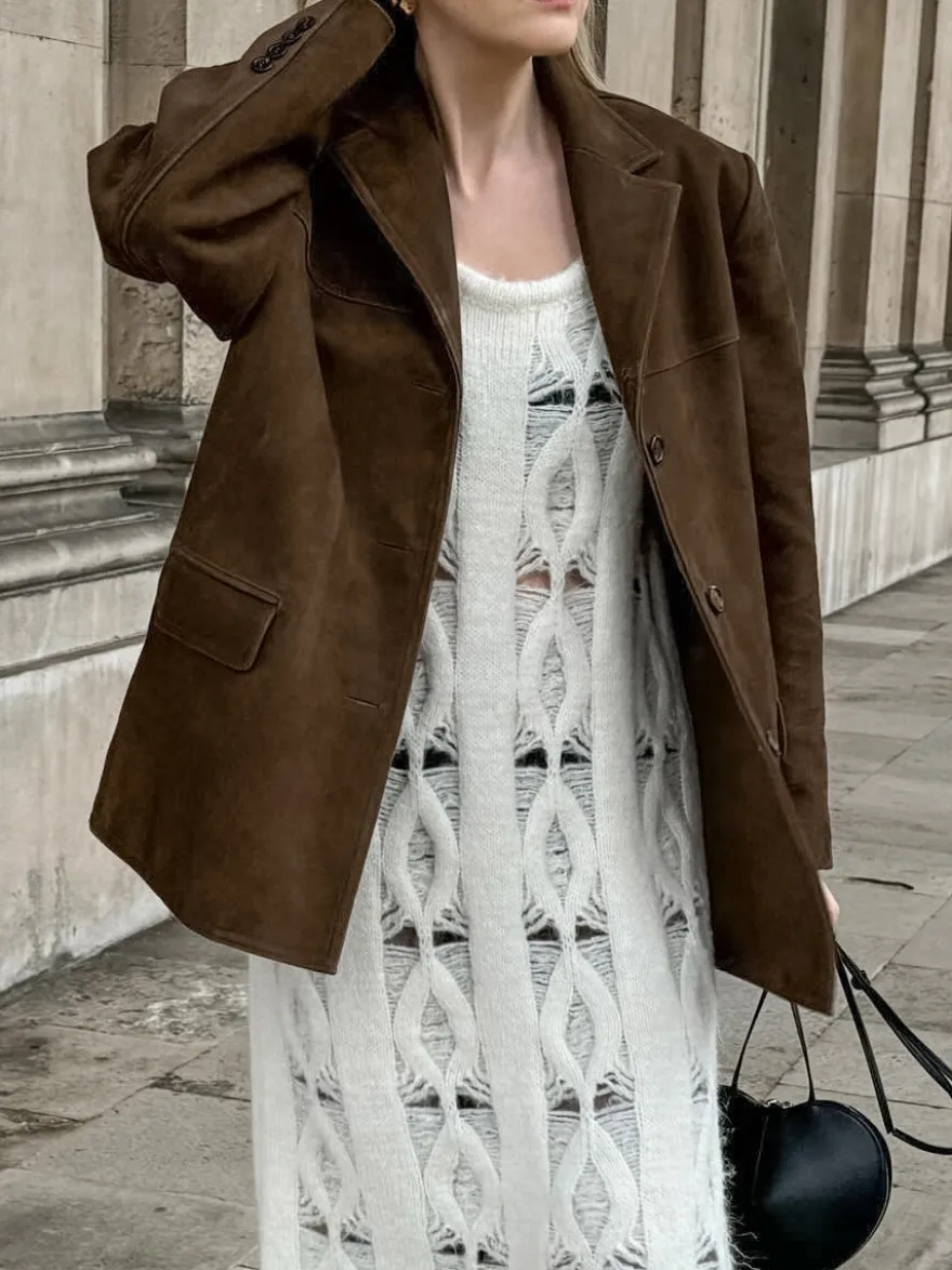 Blazer Femme Moderne En Daim Col Rabattu Manches Longues