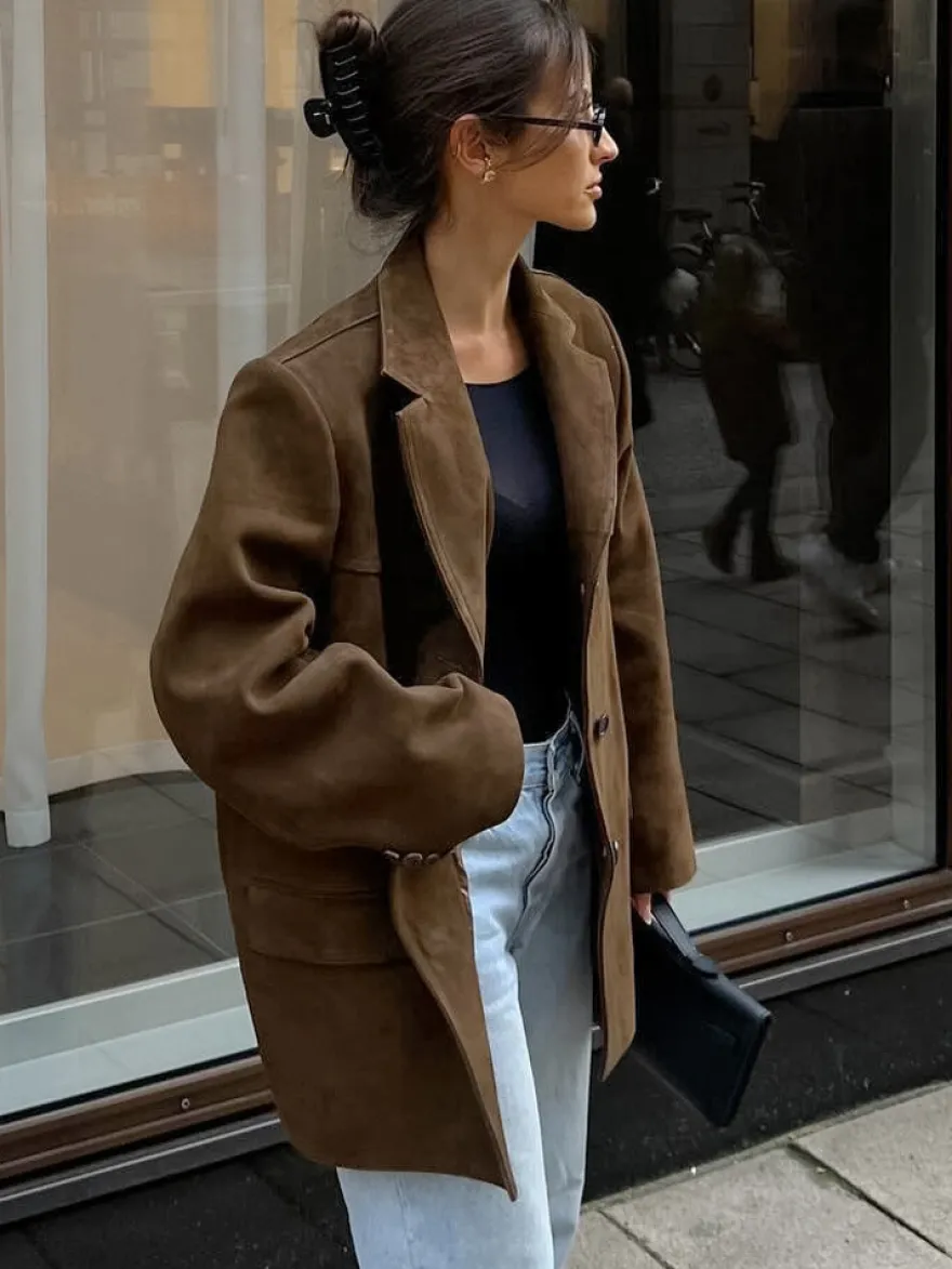 Blazer Femme Moderne En Daim Col Rabattu Manches Longues