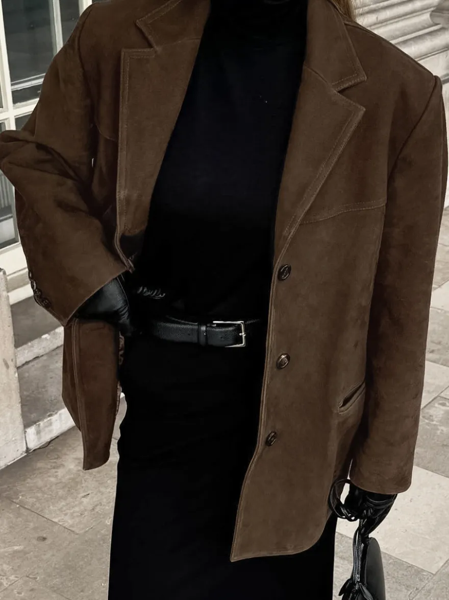 Blazer Femme Moderne En Daim Col Rabattu Manches Longues