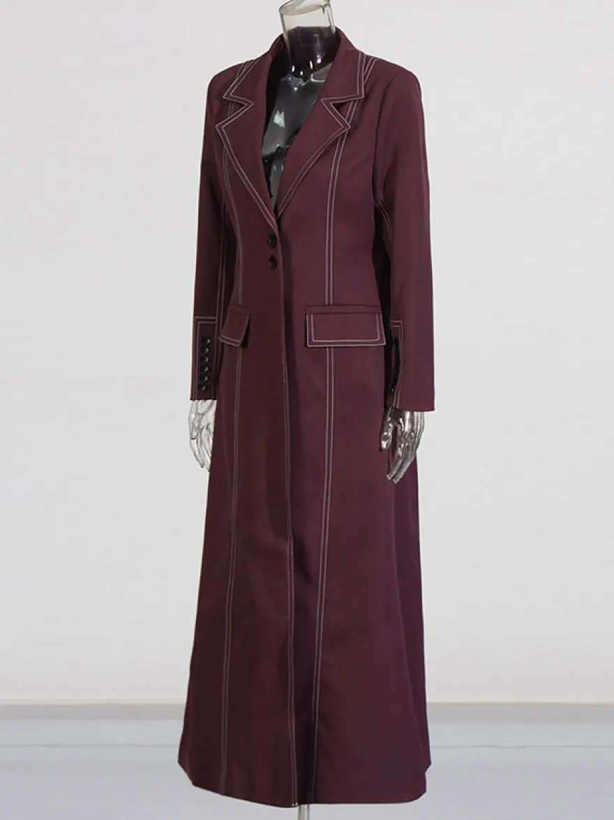Blazer long à coutures contrastées pour femme revers cranté double boutonnage longueur maxi