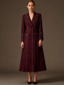 Blazer long à coutures contrastées pour femme revers cranté double boutonnage longueur maxi