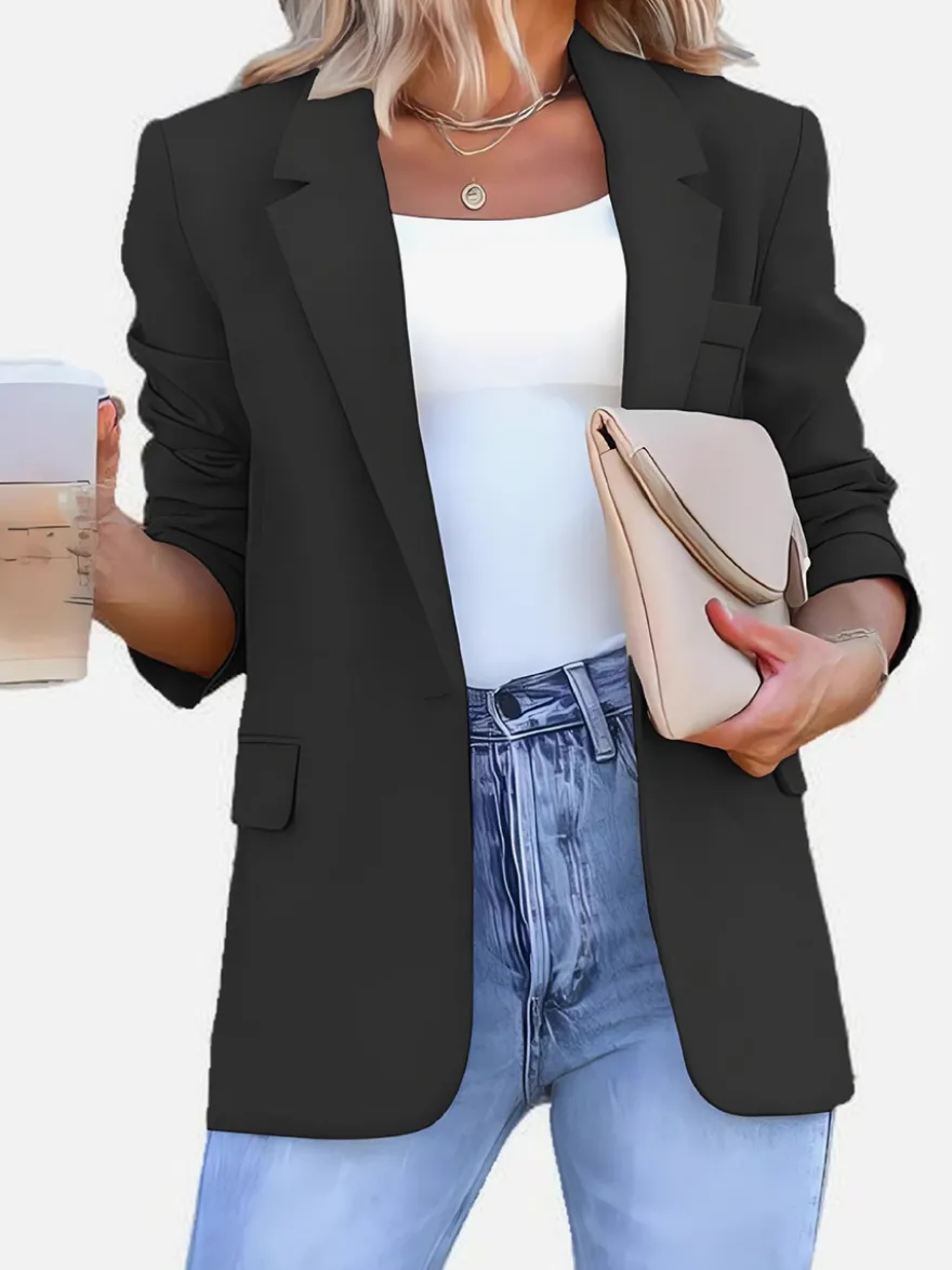 Blazer long à devant ouvert pour femme coupe ample et décontractée avec revers. Veste de tailleur noire décontractée.