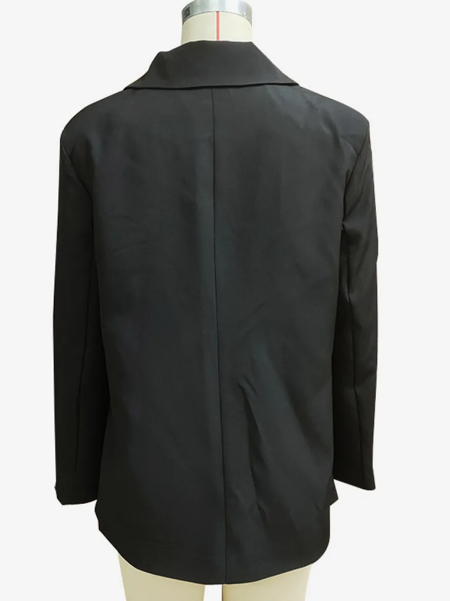 Blazer long à devant ouvert pour femme coupe ample et décontractée avec revers. Veste de tailleur noire décontractée.