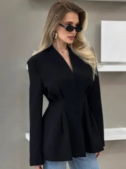Blazer noir pour femme Hourglass Tailored - Veste structurée à épaules dénudées et boutonnage simple - Vêtement de travail décontracté chic 2026