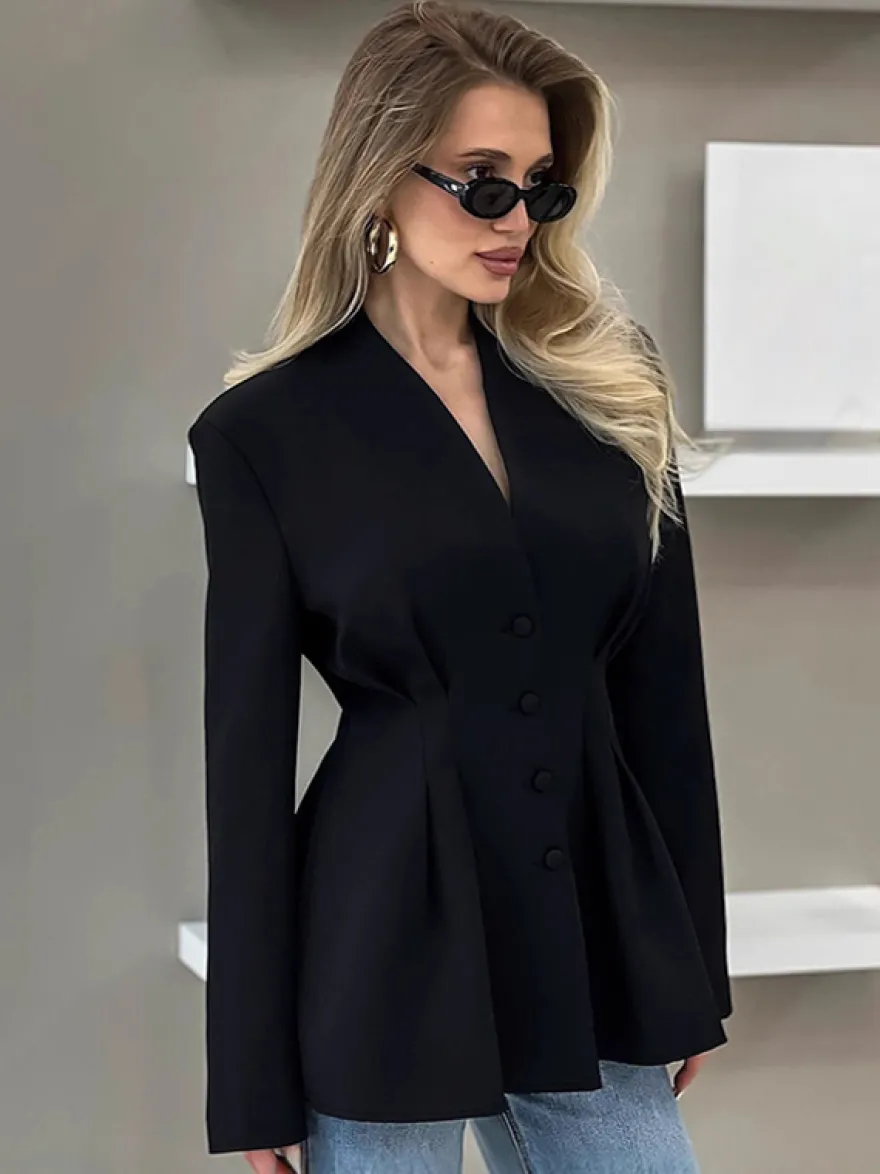 Blazer noir pour femme Hourglass Tailored - Veste structurée à épaules dénudées et boutonnage simple - Vêtement de travail décontracté chic 2026