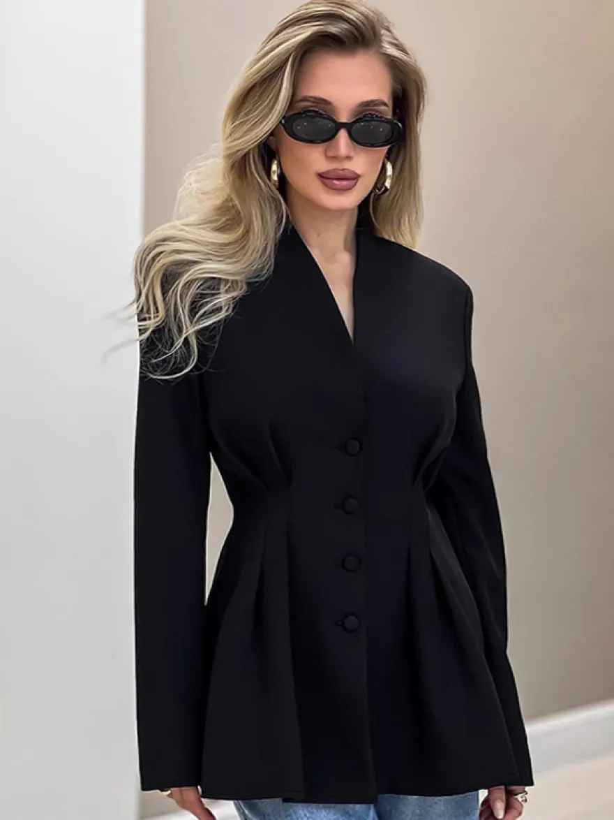 Blazer noir pour femme Hourglass Tailored - Veste structurée à épaules dénudées et boutonnage simple - Vêtement de travail décontracté chic 2026