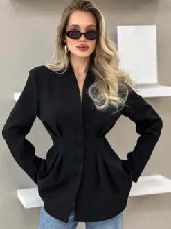 Blazer noir pour femme Hourglass Tailored - Veste structurée à épaules dénudées et boutonnage simple - Vêtement de travail décontracté chic 2026