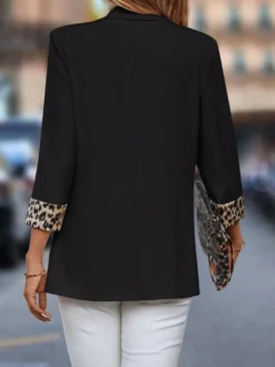 Blazer ouvert à col châle et manches trois-quarts à poignets léopard veste décontractée pour femme