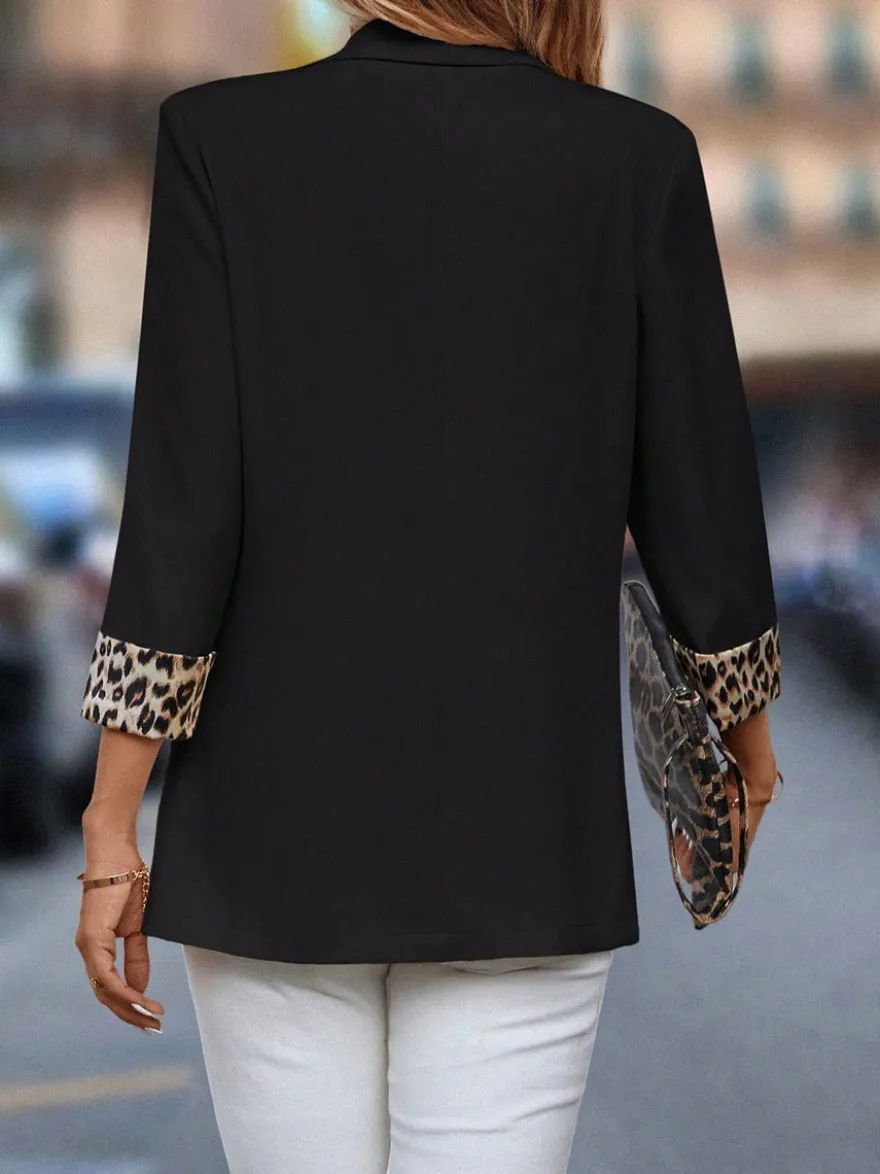 Blazer ouvert à col châle et manches trois-quarts à poignets léopard veste décontractée pour femme