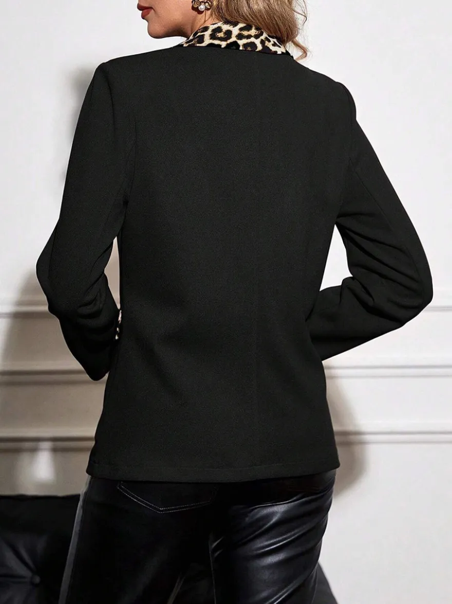 Blazer patchwork léopard pour femme veste de tailleur à revers manches longues et poches