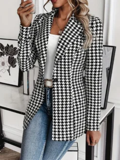 Blazer pied-de-poule pour femme coupe décontractée manches longues à revers et poches