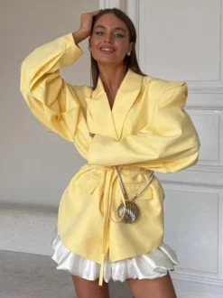 Blazer pour femme col rabattu plissé boutons manches longues veste de tailleur
