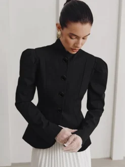 Blazer péplum vintage pour femme - Veste cintrée à manches bouffantes et col montant - Vêtement d'extérieur chic pour les fêtes de printemps 2026