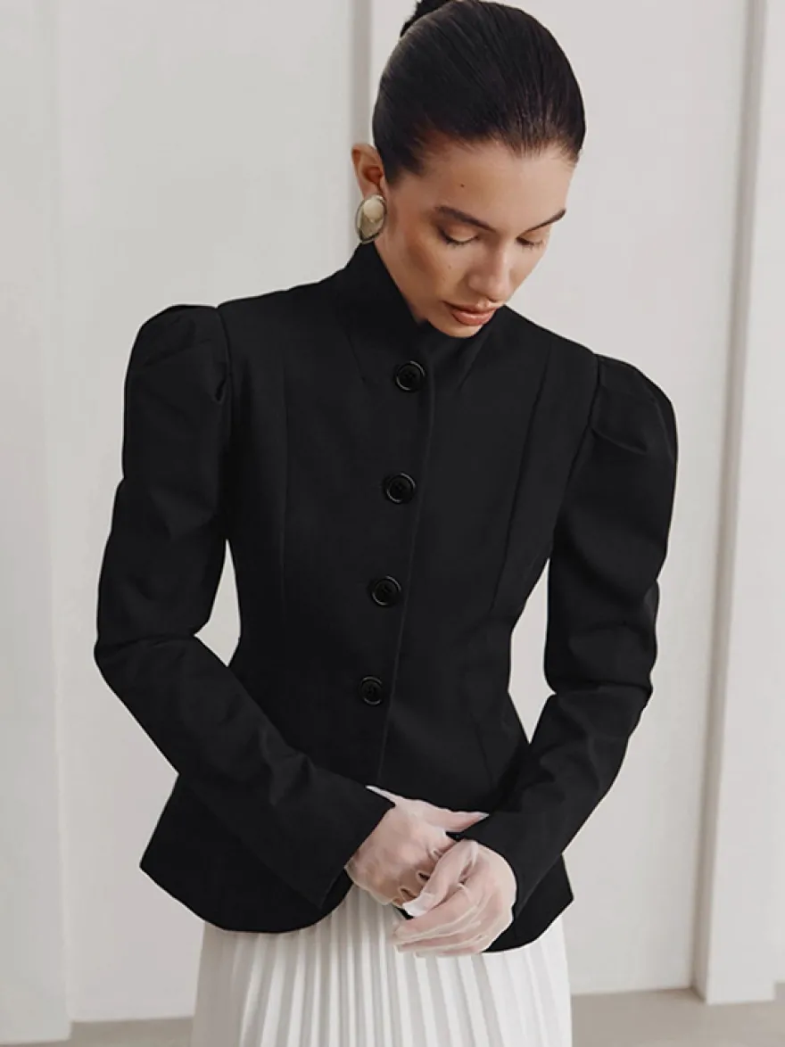 Blazer péplum vintage pour femme - Veste cintrée à manches bouffantes et col montant - Vêtement d'extérieur chic pour les fêtes de printemps 2026