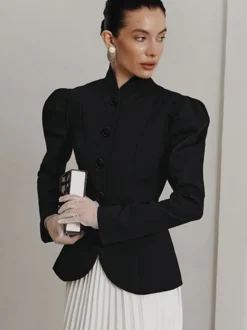 Blazer péplum vintage pour femme - Veste cintrée à manches bouffantes et col montant - Vêtement d'extérieur chic pour les fêtes de printemps 2026