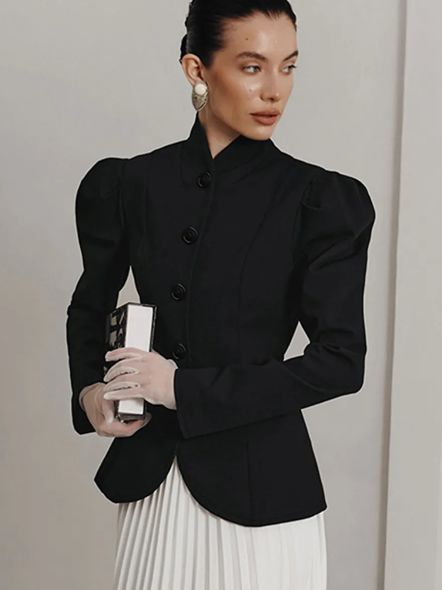 Blazer péplum vintage pour femme - Veste cintrée à manches bouffantes et col montant - Vêtement d'extérieur chic pour les fêtes de printemps 2026