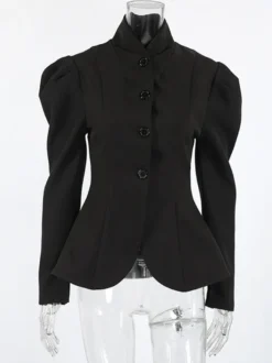 Blazer péplum vintage pour femme - Veste cintrée à manches bouffantes et col montant - Vêtement d'extérieur chic pour les fêtes de printemps 2026