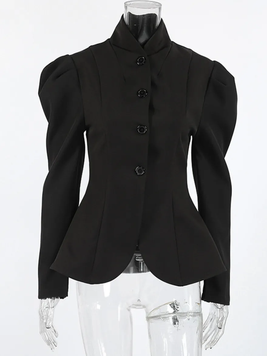 Blazer péplum vintage pour femme - Veste cintrée à manches bouffantes et col montant - Vêtement d'extérieur chic pour les fêtes de printemps 2026