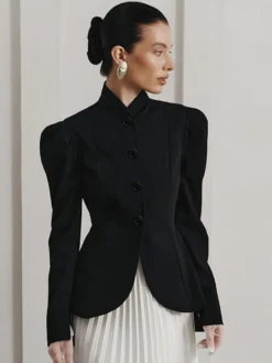 Blazer péplum vintage pour femme - Veste cintrée à manches bouffantes et col montant - Vêtement d'extérieur chic pour les fêtes de printemps 2026