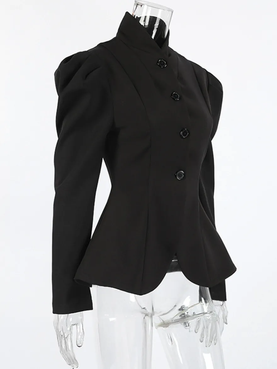 Blazer péplum vintage pour femme - Veste cintrée à manches bouffantes et col montant - Vêtement d'extérieur chic pour les fêtes de printemps 2026
