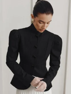 Blazer péplum vintage pour femme - Veste cintrée à manches bouffantes et col montant - Vêtement d'extérieur chic pour les fêtes de printemps 2026