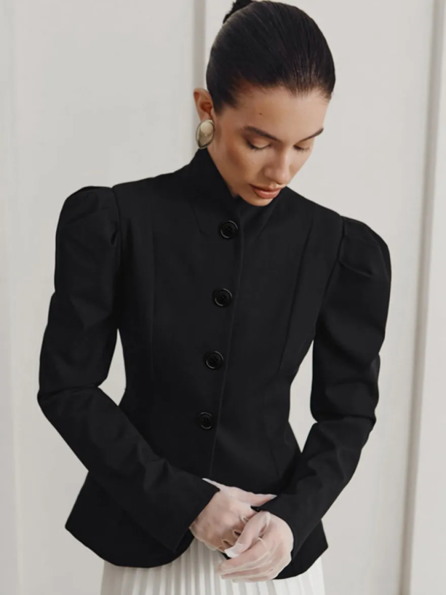 Blazer péplum vintage pour femme - Veste cintrée à manches bouffantes et col montant - Vêtement d'extérieur chic pour les fêtes de printemps 2026