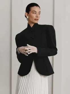 Blazer péplum vintage pour femme - Veste cintrée à manches bouffantes et col montant - Vêtement d'extérieur chic pour les fêtes de printemps 2026