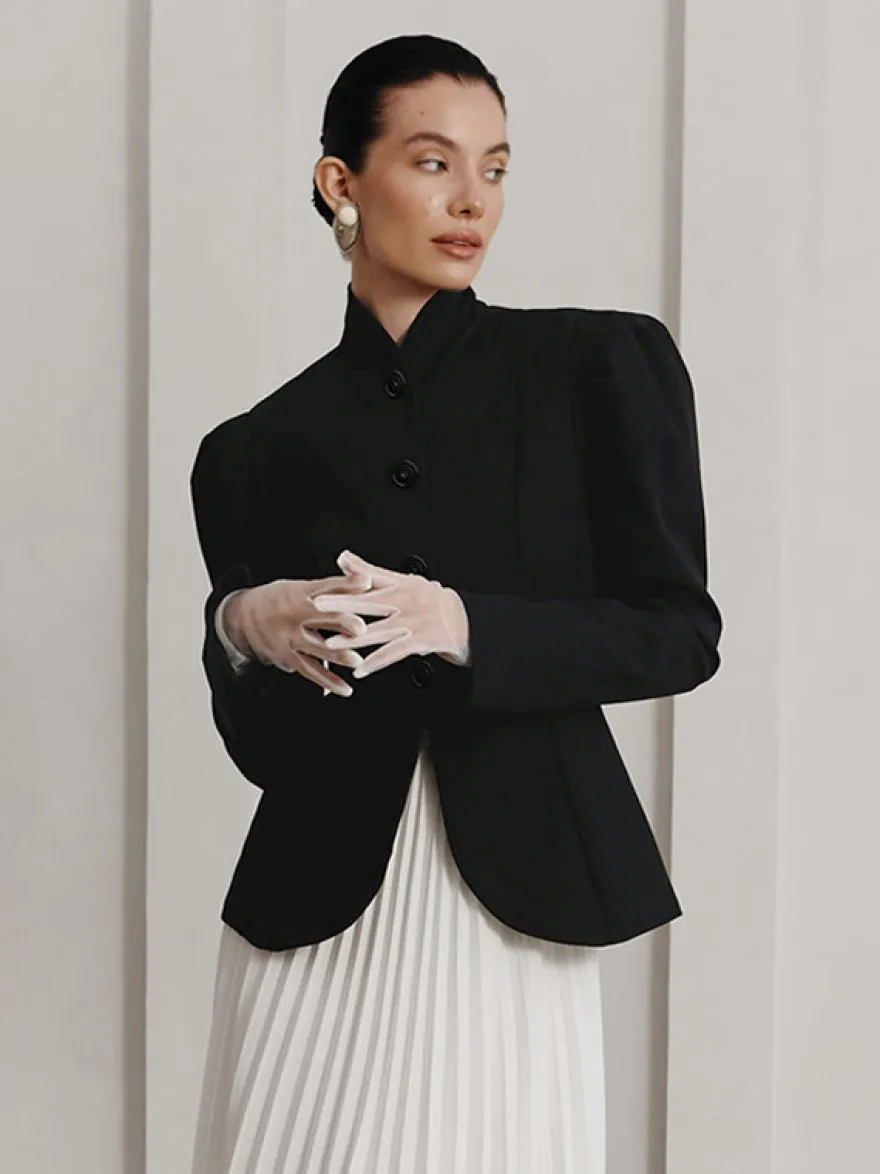 Blazer péplum vintage pour femme - Veste cintrée à manches bouffantes et col montant - Vêtement d'extérieur chic pour les fêtes de printemps 2026