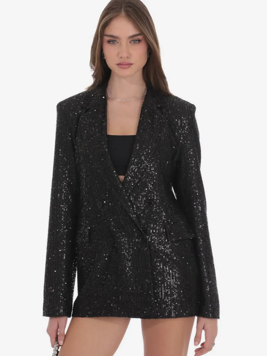 Blazer à sequins croisé pour femme coupe oversize idéal pour les soirées et les clubs noir et argent.