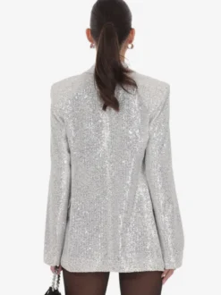 Blazer à sequins croisé pour femme coupe oversize idéal pour les soirées et les clubs noir et argent.