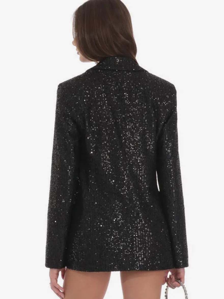 Blazer à sequins croisé pour femme coupe oversize idéal pour les soirées et les clubs noir et argent.