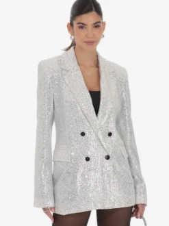 Blazer à sequins croisé pour femme coupe oversize idéal pour les soirées et les clubs noir et argent.