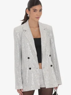Blazer à sequins croisé pour femme coupe oversize idéal pour les soirées et les clubs noir et argent.