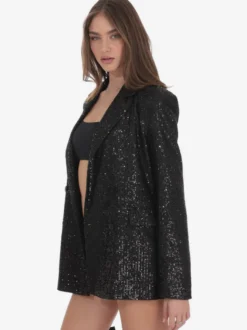 Blazer à sequins croisé pour femme coupe oversize idéal pour les soirées et les clubs noir et argent.