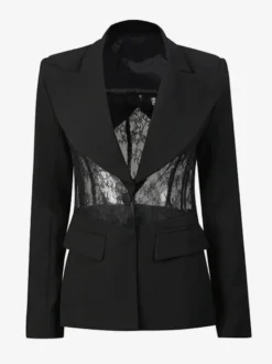 Blazer sexy en dentelle patchwork pour femme - Veste de tailleur noire gothique en maille transparente à taille cintrée - Soirée de printemps 2026