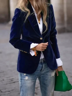 Blazer slim en velours à revers un seul bouton manches longues style vintage élégant pour femme