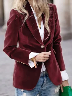 Blazer slim en velours à revers un seul bouton manches longues style vintage élégant pour femme