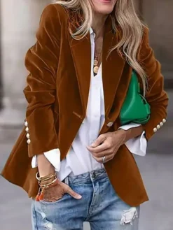 Blazer slim en velours à revers un seul bouton manches longues style vintage élégant pour femme