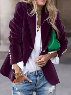 Blazer slim en velours à revers un seul bouton manches longues style vintage élégant pour femme